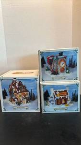 lot 1744 image: 3-Piece Holiday Miniature Building Set Elf Dormitory Candy Cooker Gingerbread Bakery