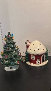 lot 1752 image: 2 Ceramic Holiday Decorative Figurines Christmas Tree House