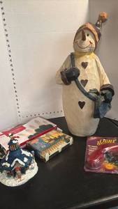 lot 1760 image: Carved Wood Snowman Holiday Decoration Figurine with Hat and Scarf