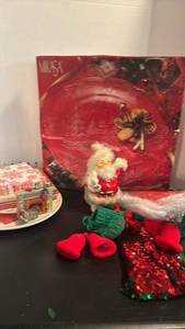 lot 1765 image: Mikasa Holiday Platter, Holiday Paper Goods, Vintage Santa Bank that has been glued