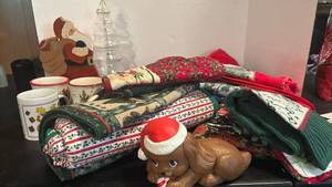 lot 1766 image: Holiday Christmas Mug and Kitchen Towel Bundle with Decorative Figurines