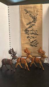 lot 1767 image: Lot of 3 Deer Figurines with Textile Wall Art Depicting Migration Pattern