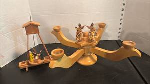 lot 1777 image: Wooden Carved Figurine Set with Nativity Lighthouse and Decorative Pieces