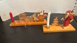 lot 1778 image: Wooden Carved Christmas Nativity Candleholder Set with Santa Reindeer Sleigh