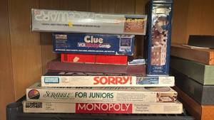 lot 1783 image: Lot of 6 Board Games Parker Brothers Monopoly Sorry Scrabble Clue VCR Mystery