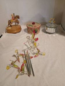 lot 1785 image: Carousel Horse Music Box, hand painted dish with lid, teddy bear music box, and hummingbird wind chime