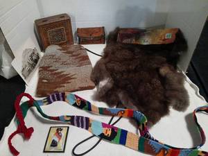 lot 1790 image: Mixed Decorative and Handcraft Lot �� Boxes, Pelts, Woven Strap, Ceramics, Prints