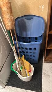 lot 1803 image: Blue Plastic Laundry Basket with Lid and Handles and more