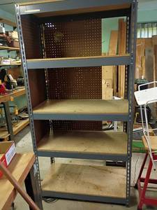 lot 2009 image: Metal Shelf with Peg Board Sides.  Used in Garage.  72.5 x 36.5 x 18 5