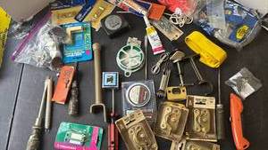 lot 2112 image: Hardware Lot Assorted Fasteners Hinges Sash Locks Screws Tools