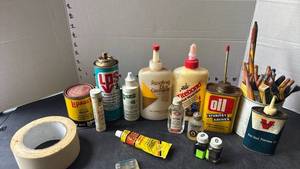 lot 2115 image: Lot of Vintage Workshop Supplies and Tools Glue, Oil, Lubricant, Tape, Brushes