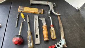 lot 2117 image: Hand Tool Set Lot with Folding Ruler, Chisels, Screwdrivers, Levels, and Clamps