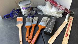 lot 2127 image: Painting Tool Lot Brushes Caulk Gun Grout Applicator Safety Glasses