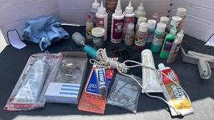 lot 2209 image: Craft Supplies Lot Paint Glue Brushes Rope Rings Hardware