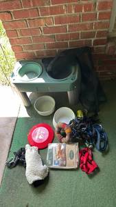 lot 3108 image: Pet Feeding Station with Accessories Lot - Bowls, Leashes, Toys, Frisbee