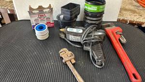 lot 4626 image: Plumbing and Hand Tools Lot - Pipe Connectors, Wrenches, Tape,Bostik Model 260