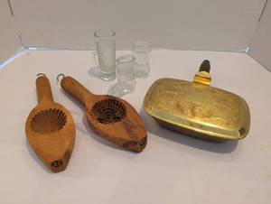 lot 1005 image: Lot Wooden Kitchen Spoons, Brass silent Butler, Glass Shot Glasses