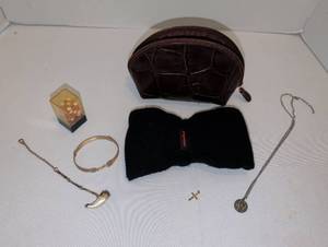 lot 1006 image: Jewelry and Accessories Lot with Dark Brown Crocodile Pouch