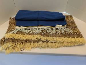 lot 1016 image: Wool Blanket Throw with Mexican Navy Blue Gold runner