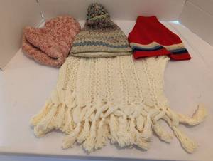 lot 1018 image: Lot of 5 Knit Beanies and Scarves Pink Red Cream Striped