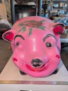 lot 1110 image: Huge ceramic Pink Pig Figurine with Floral Hand-Painted Design 21wx11h