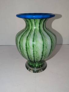 lot 1112 image: Art Glass Vase with Blue Rim and Green Striped Body 7x10h