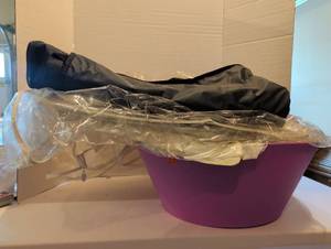 lot 1212 image: Garment Bag with Strap, Clear Plastic closet and garment organization in purple bucket
