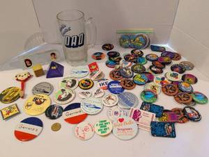lot 1310 image: Vintage Pinback Riverfest Button Collection Lot with Glass Mug and Memorabilia