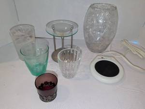 lot 1321 image: Candle Warmer Electric Plate with Glass Vases Votives and Oil Warmer Lot