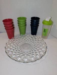 lot 1327 image: Plastic Cups and glass serving plate