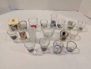 lot 1328 image: Lot of 17 Shot Glasses with Various Designs and Decorative Prints
