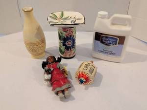lot 1329 image: Lot of 5 Collectibles Ceramic Pitcher, Vase, Doll, Noisemaker, American Tradition Glaze