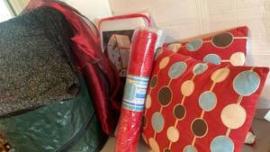 lot 1400 image: Christmas ornament storage box, pillows, mesh ribbon and pop up leaf or trash can
