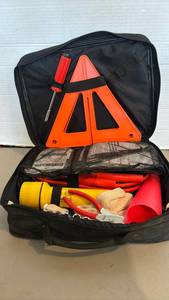 lot 1413 image: Vehicle Emergency Kit with Warning Triangles Jumper Cables Flashlight