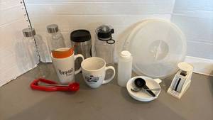 lot 1418 image: Kitchen Lot Microwave Steamer Lid, Mugs, Water Bottles, Scale, Utensils