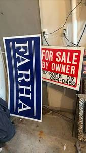 lot 1643 image: Lot of 2 Yard Signs&nbsp FARHA Blue Sign &amp For Sale By Owner RedWhite Sign with Stand