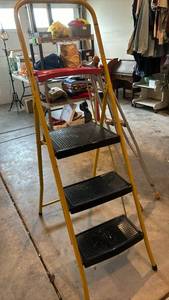 lot 1646 image: 3-Step Ladder Yellow Frame Red Tray Black Textured StepsAnd a set of crutches