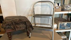 lot 1651 image: 2-Step Metal Folding Step stool and a hassock in process of being recovered