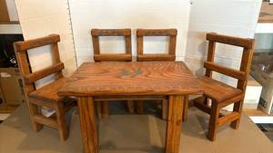lot 1653 image: Childs Wood Dining Table and 4 Chairs Set with Inlay Decoration