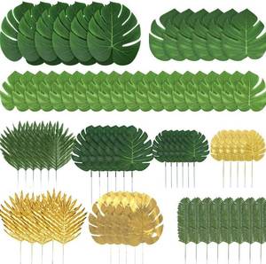 lot 166 image: Ledoira 50 Pieces 10 Kinds Artificial Palm Leaves Golden Tropical Leaves with Stems Jungle Leaves Decorations for Hawaiian Luau Party Beach Baby Shower Wedding Birthday - Retail $9