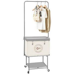 lot 167 image: STORAGE MANIAC Rolling Laundry Cart with Hanging Bar & Storage Shelf, 110L Heavy Duty Large Laundry Basket with Clothes Hanging Rod, Study Clothes Hamper with Lockable Wheels, Beige - Retail $56