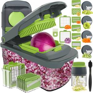 lot 172 image: Ourokhome Veggie Chopper and Dicer with Container, Manual Hand Food Mandolin Slicer with 4 in 1 Handheld Vegetable Spiralizer for Zucchini, Potato, Onion, Essential Kitchen Gadgets (12 in 1, Gray) - Retail $33