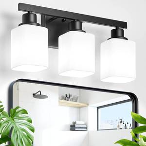 lot 186 image: DIKAIDA 3-Light Bathroom Vanity Light,Modern Matte Black Bathroom Light Fixtures with Square Frosted Glass,Wall Sconces Lighting fixtures Over Mirror Restroom, Living Room Hallway - Retail $46