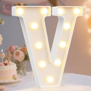 lot 189 image: Pooqla LED Marquee Letter Lights Sign, Light Up Alphabet Letter for Home Party Wedding Decoration V - Retail $10