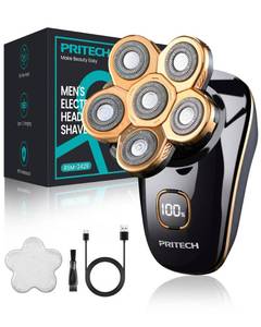 lot 200 image: PRITECH Head Shavers for Bald Men, Type-C Charge Electric Razor with 6 Rotary Blades, Waterproof Shaving Grooming Kit, Turbo Speed & Precision Blades, LED Display & Detachable Blade Head(Black) - Retail $19