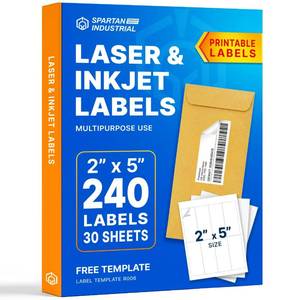 lot 212 image: 2 X 5 Matte White Printable Shipping Labels (30 Sheets, 240 Stickers) Address and Mailing Labels for Laser & Inkjet Printers - Spartan Industrial Template R006 - Retail $10