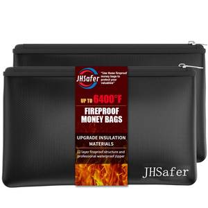 lot 216 image: 6400�� Fireproof and Waterproof Money Bags 2pcs with Zipper,11x6.3 Fireproof Cash Bag with Zipper,Fireproof Wallet Envelope Safe Pouch Fireproof Bags for Cash Passports Keys Jewellery(Black) - Retail $24