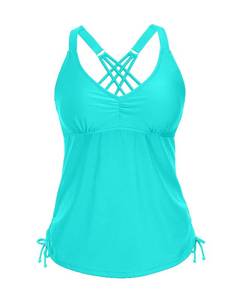 lot 217 image: Tempt Me Women Aqua Blue Tankini Top Only V Neck Swim Tops Tummy Control Bathing Suit Top No Bottom L - Retail $31