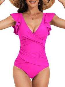 lot 237 image: B2prity Womens One Piece Swimsuit Ruffle Slimming Tummy Control Bathing Suit Hot Pink L - Retail $37