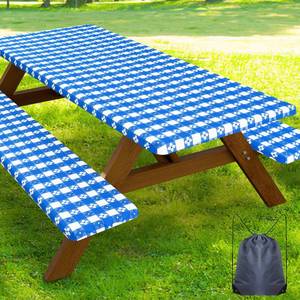lot 238 image: Smiry Picnic Table Cover with Bench Covers, Waterproof Elastic Fitted Tablecloth for 5 Foot Tables, Washable Polyester Tablecloths for Camping, Indoor & Outdoor (Blue & White, 30x60 Inch 3-pc Set) - Retail $24